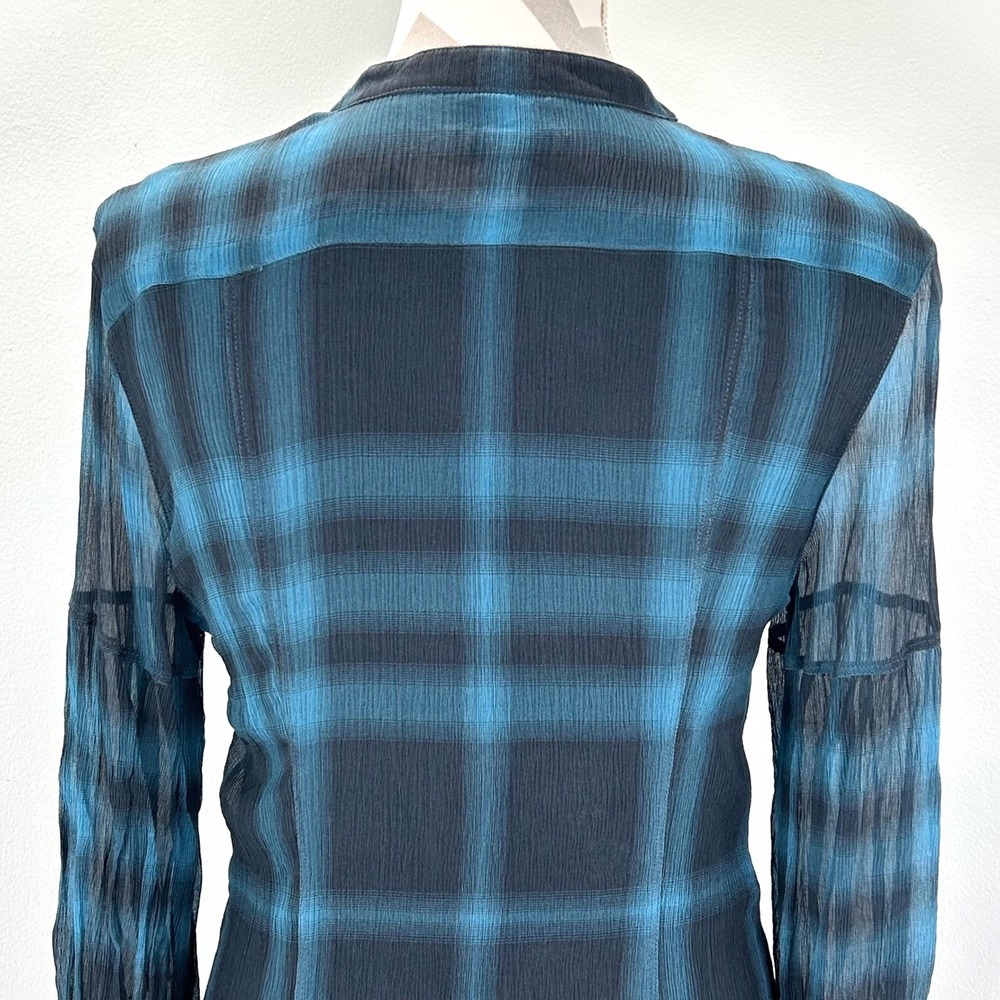 Burberry Plaid Georgette 100% Silk Blouse Shirt Tie Neck Button‎ Front  Women L - Picture 8 of 11